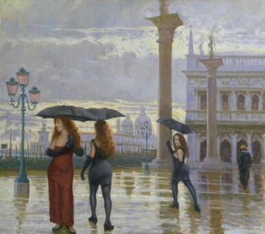 Party Girls in the Rain, Piazzetta, Venice