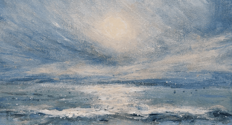 a painting of a seascape glistening in the evening sun