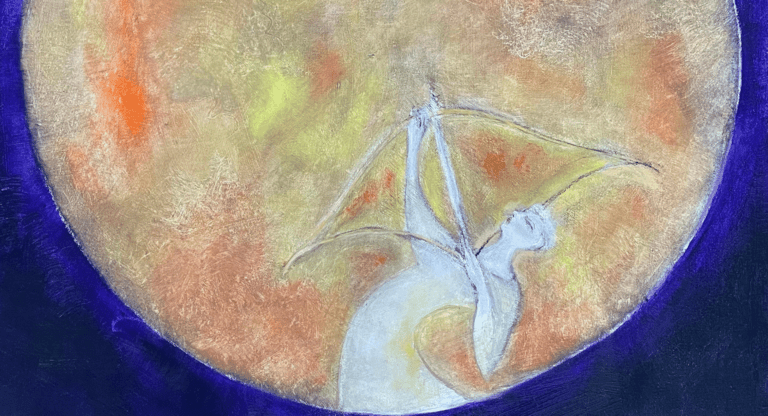 a painting of a yellow moon with a white figure holding a bow and arrow on the moon
