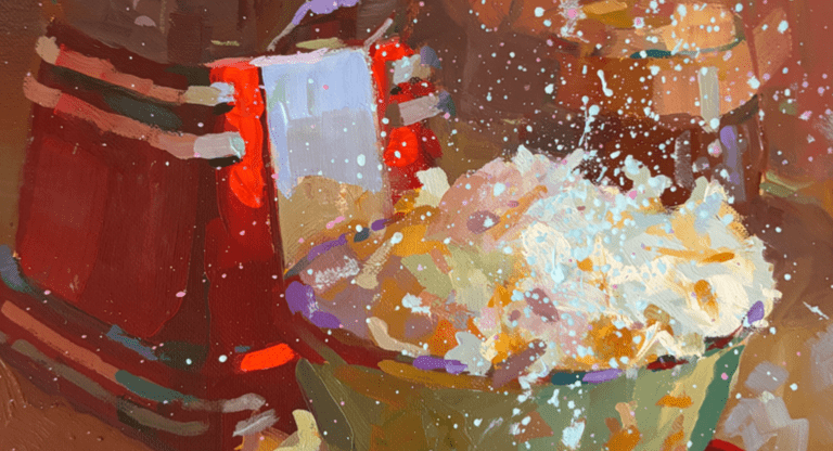 a painting of popcorn in a bowl next to a red popcorn machine