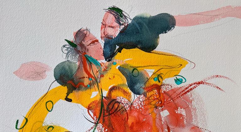 bright colourful watercolour painting of two dancers