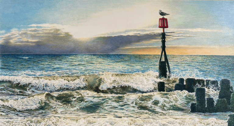 Colour pencil drawinf of a sea shore, with a wooden post poking out of the waves, a bird sits on top of the post