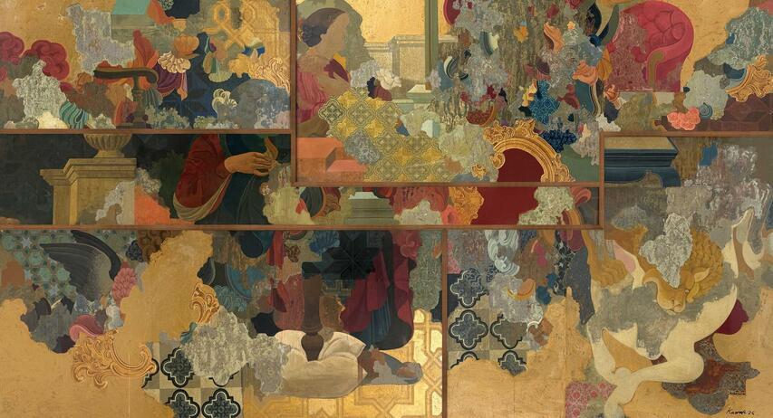 Manjunath Kamath Untitled Gold leaf gouache and acrylic on paper (set of 5 units) 89 x 106 Inches 2026 jpg