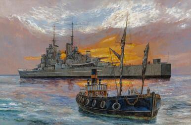 Battleship with Sunset - HMS Vanguard 1956