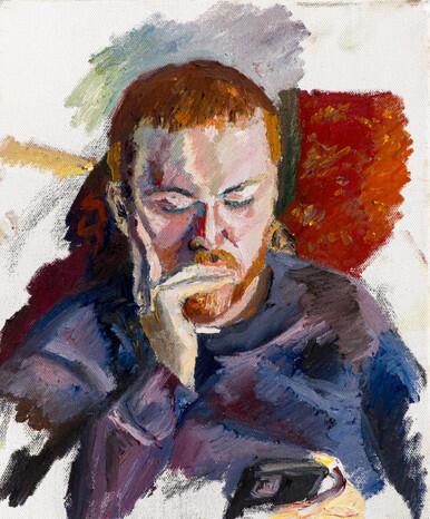 169 - Adam Looking at his Phone in Early Evening Sunlight, Winter