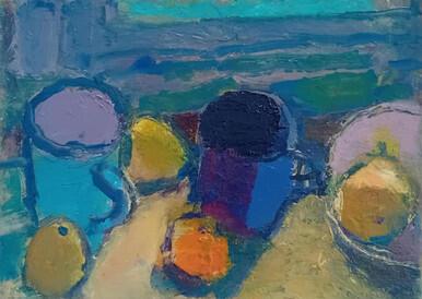 351 - Blue Mugs and Pink Bowl with Pears and a Tangerine