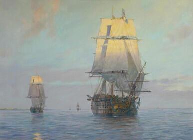 169 - Farewell to England: HMS Victory leaving St. Helen's at dawn, 15 September 1805