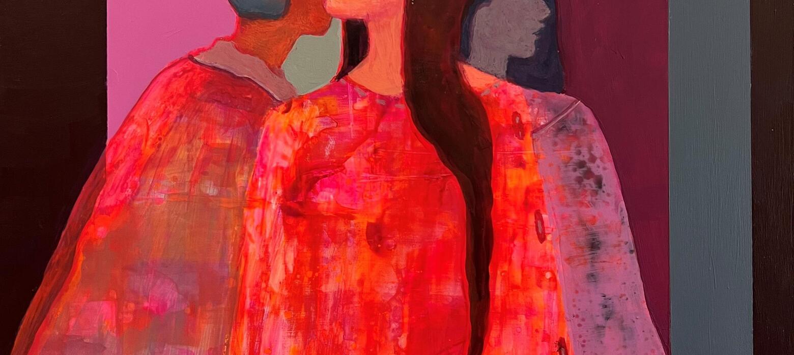 Brightly coloured portrait of three female figures.