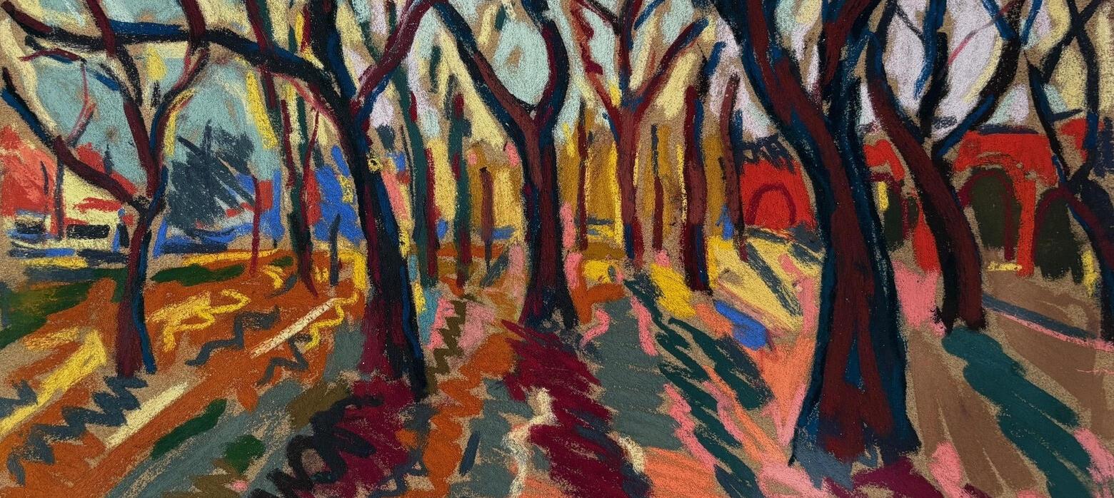 Colourful Oil pastel woodland lanscape scene. 