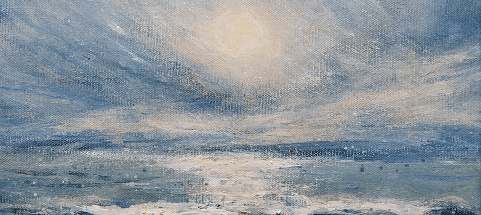 a painting of a seascape glistening in the evening sun