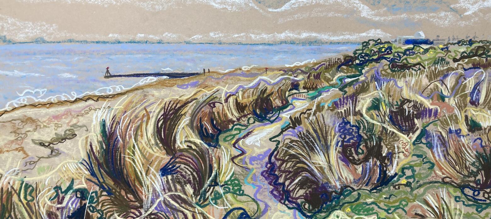 A pastel drawing of a coastal landscape 