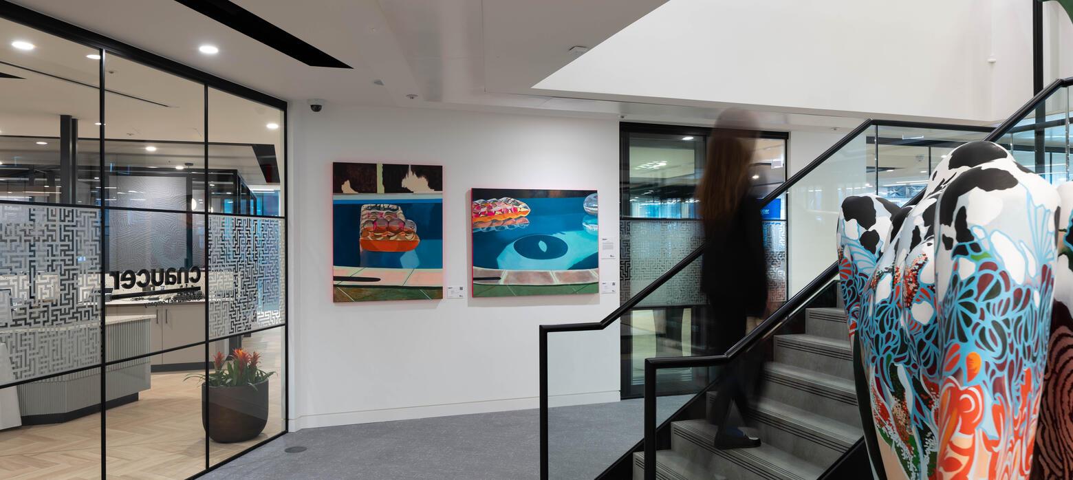 view of two Ishbel Angus paintings