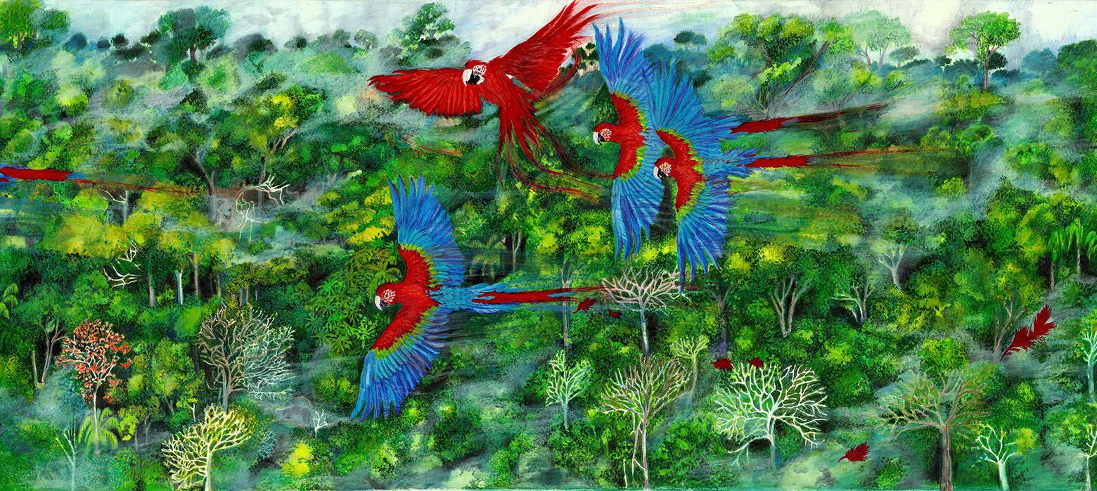Mixed media artwork of parrots flying in a canopy of green trees