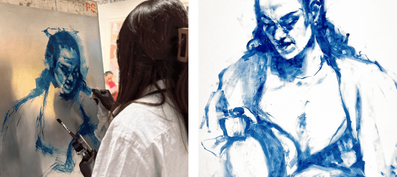 Chloe paints a portrait on the left, and the final portrait is displayed to the right