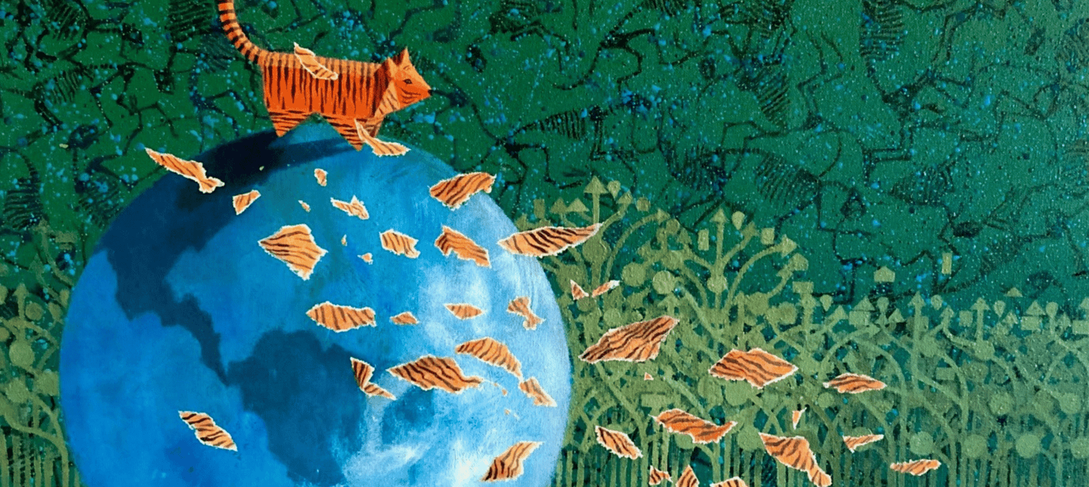 painting of a tiger on top of a globe