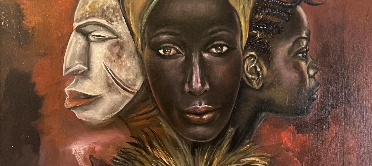 artwork of 3 faces and 3 animals 