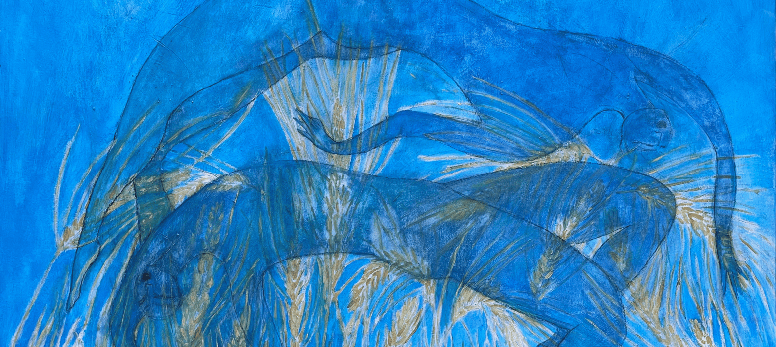 an artwork depicting 2 figures on a blue background with yellow grains