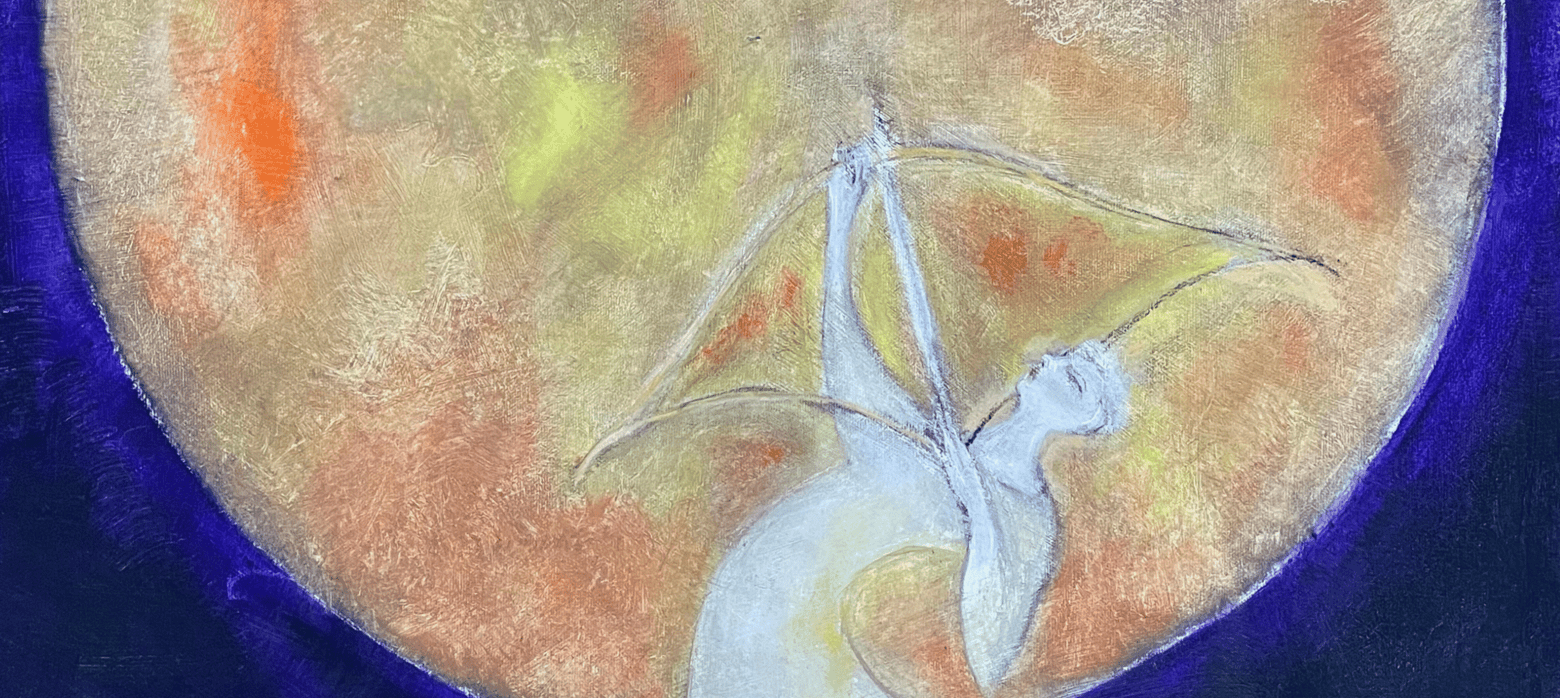 a painting of a yellow moon with a white figure holding a bow and arrow on the moon