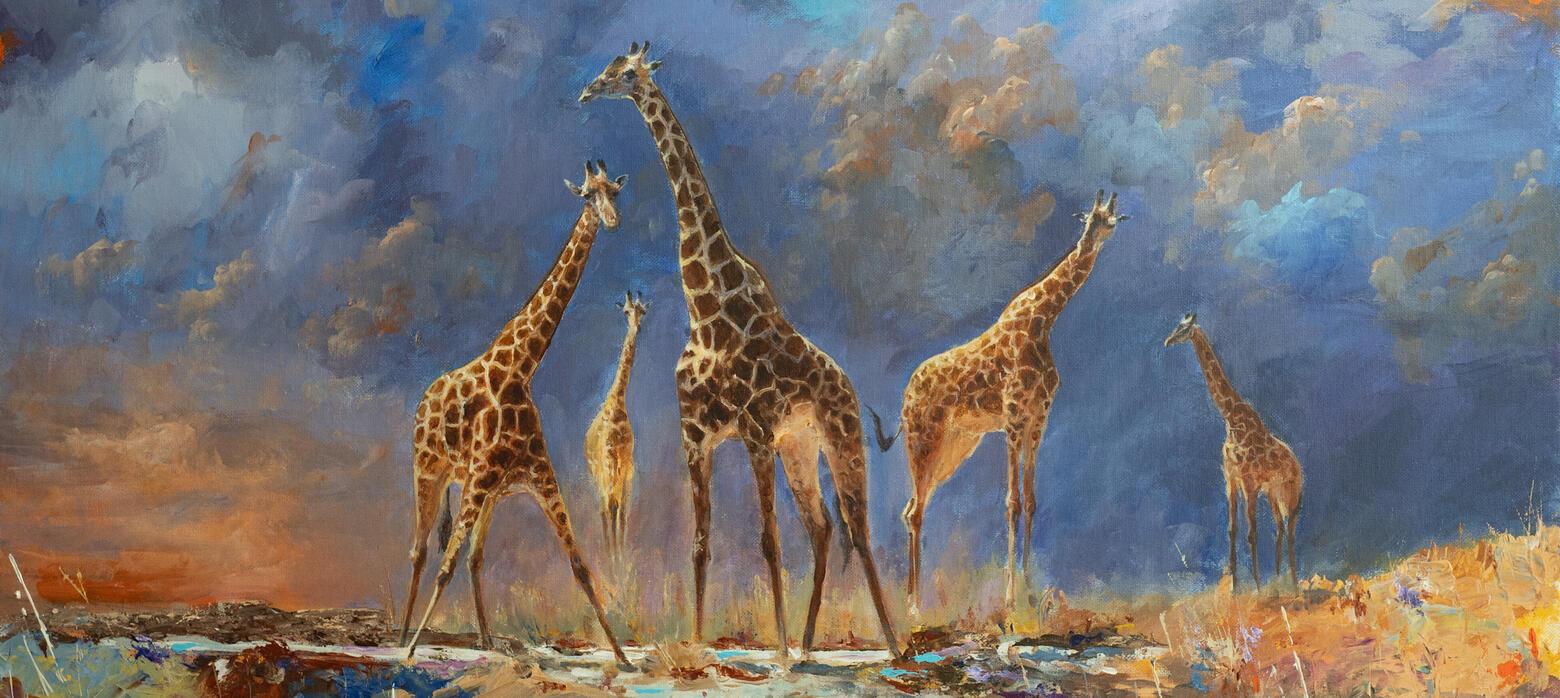 a painting of 5 giraffes