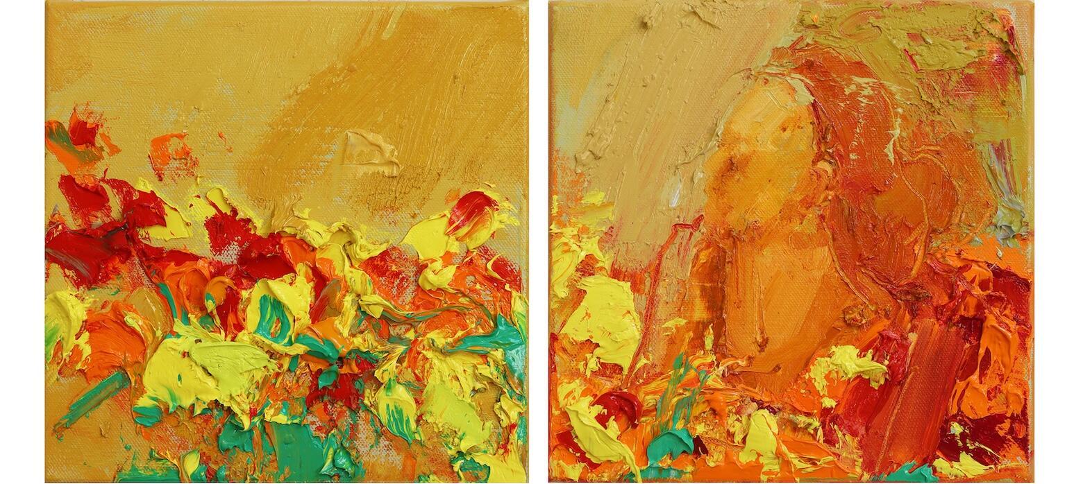 A diptych of flowers and a figure