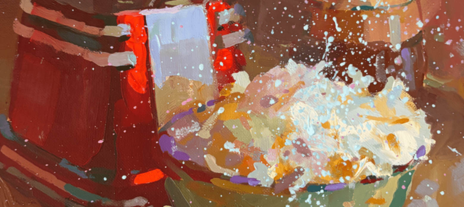 a painting of popcorn in a bowl next to a red popcorn machine
