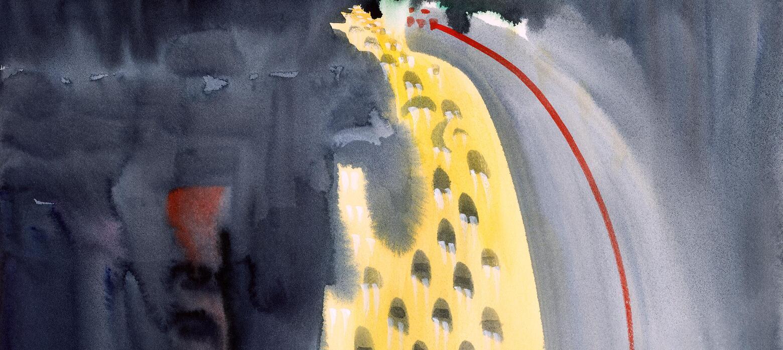 a yellow path cuts through washes of grey and dark navy paint