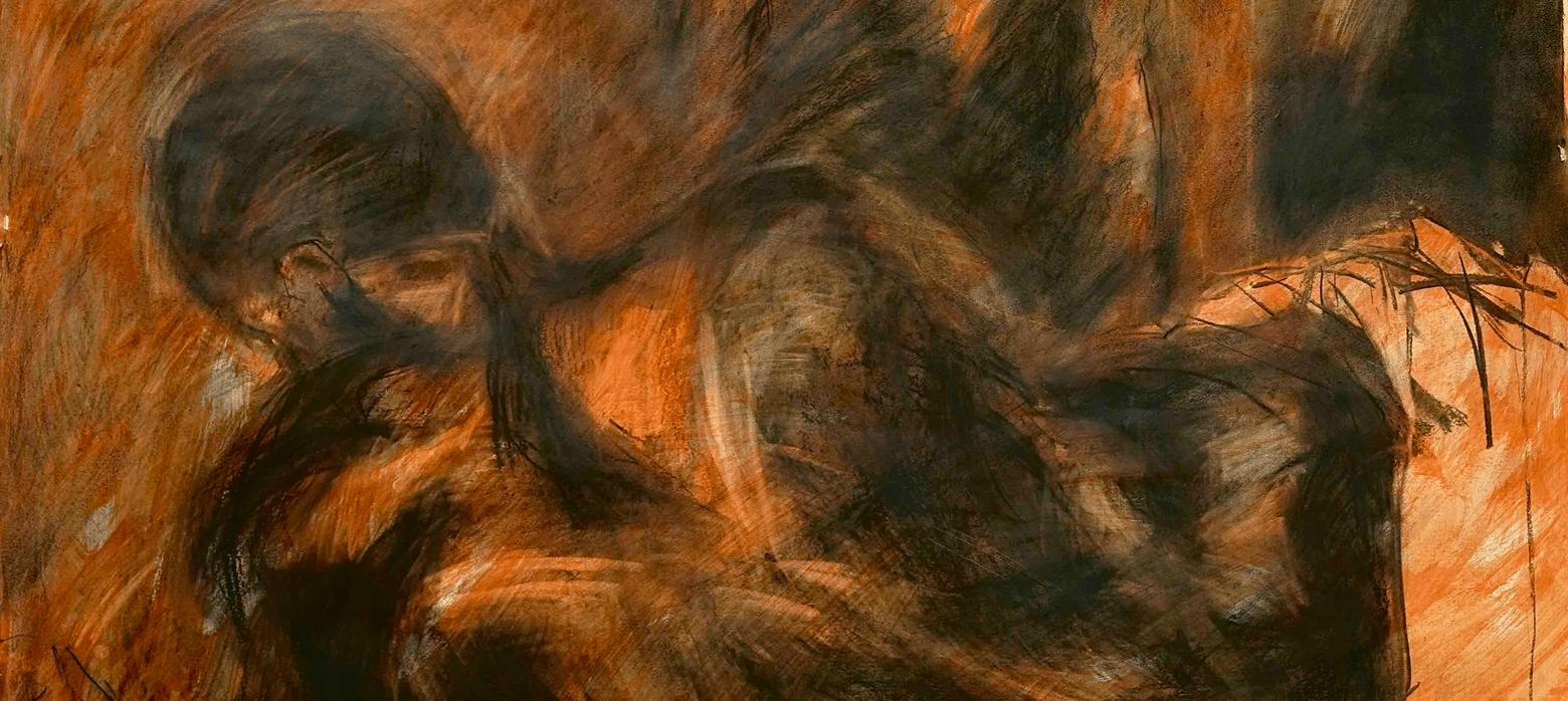Detail of an expressive drawing in tones of orange, brown and black. A figure, with their back to the viewer, lays on their side with their head downcast.