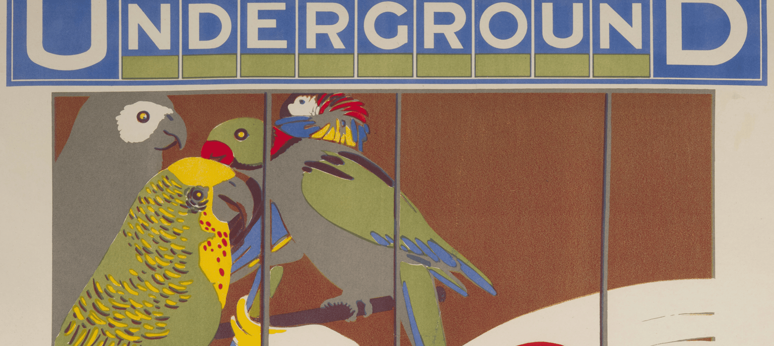 Poster depicting parrots and a London Underground logo
