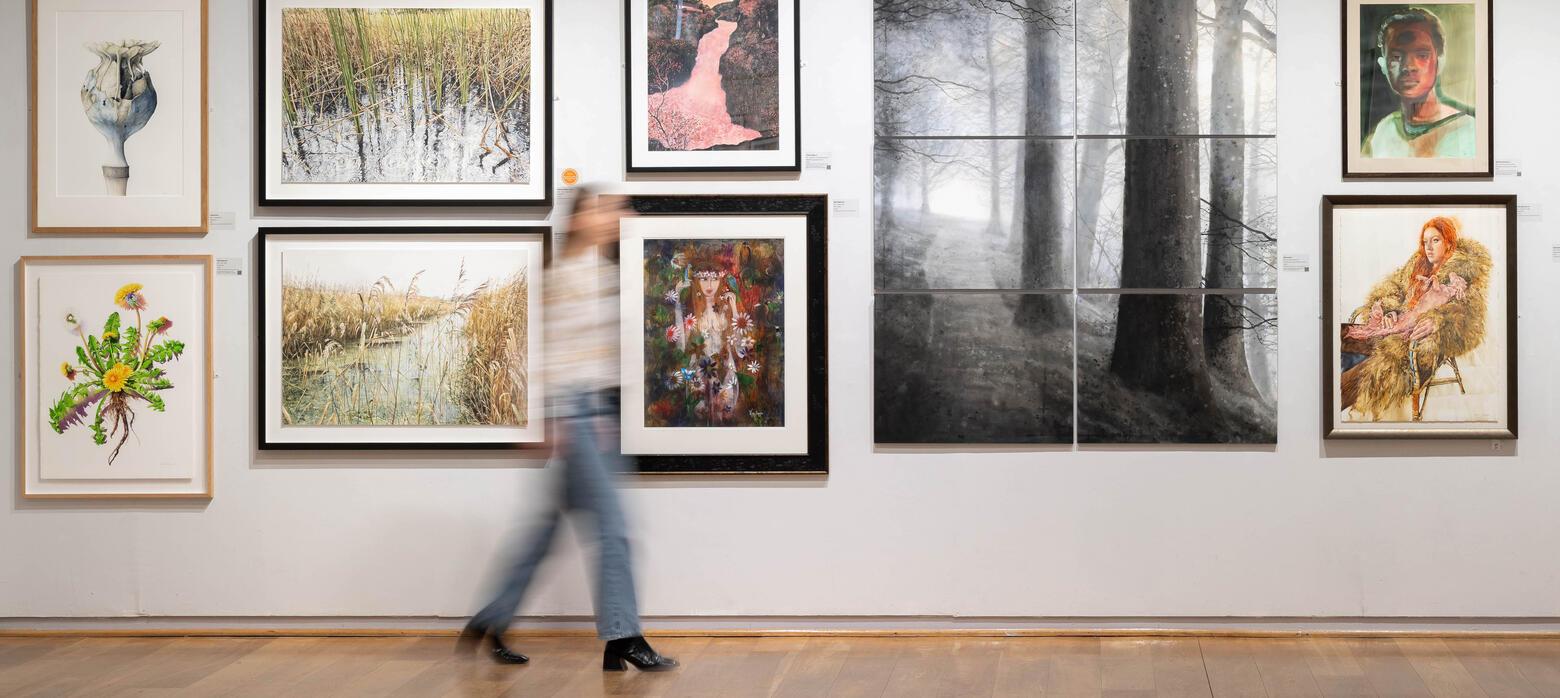 A visitor walks through the gallery space, passing a gallery wall featuring water colour paintings of varied subjects.