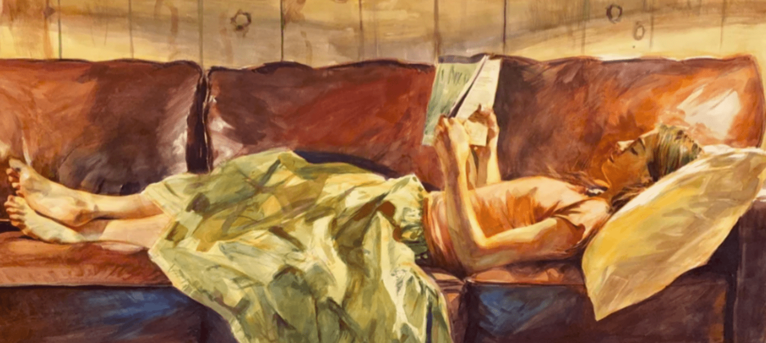 Painting of a girl reading a book on the sofa