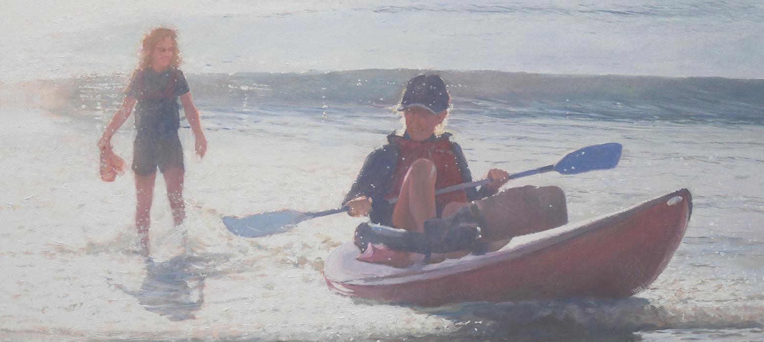 Two figures in the sea, standing and rowing