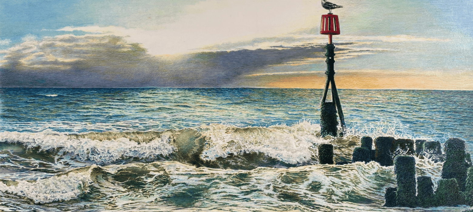 Colour pencil drawinf of a sea shore, with a wooden post poking out of the waves, a bird sits on top of the post