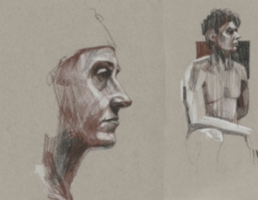 Two sketches of people from a life drawing session