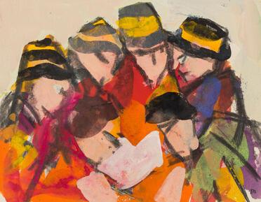 Painting of a crowd gathering around the latest catalogue 