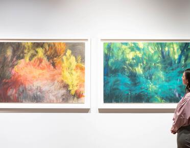 A visitor looks at a diptych of pastel drawings, on the left in hot tones of orange, red and yellow; on the left in cool tones of blue and green.