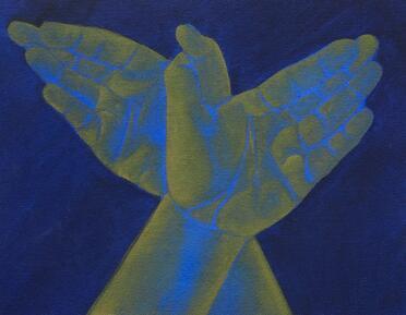 Two hands, in tones of acidic yellow and cobalt blue, meet to form a shadow puppet of a bird.