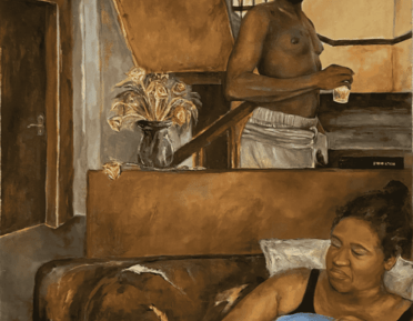 A portrait of two people in a domestic interior. 