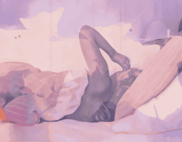 A dreamlike composition of a figure in bed, painted in shades of violet and pink.