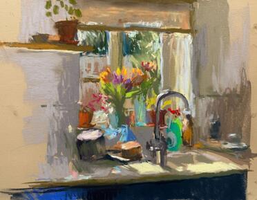drawing of flowers in kitchen sink