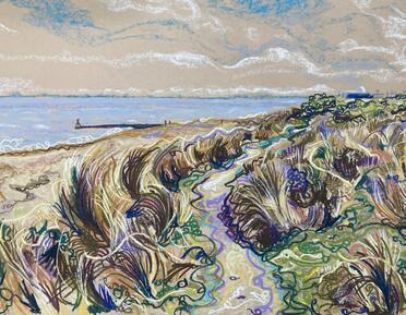 A pastel drawing of a coastal landscape 
