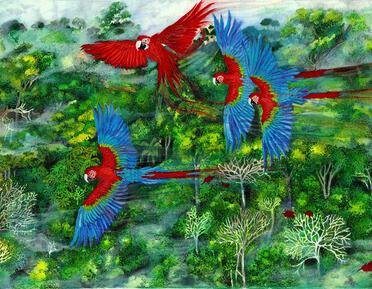 Mixed media artwork of parrots flying in a canopy of green trees