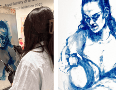 Chloe paints a portrait on the left, and the final portrait is displayed to the right