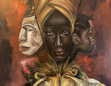 artwork of 3 faces and 3 animals 