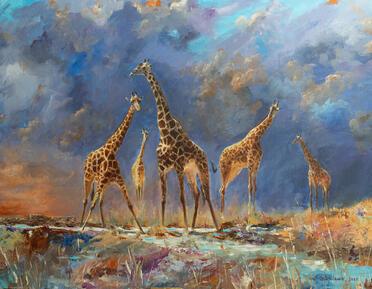 a painting of 5 giraffes