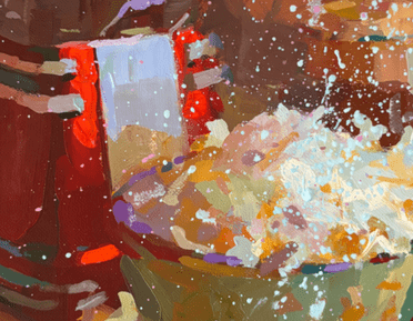 a painting of popcorn in a bowl next to a red popcorn machine
