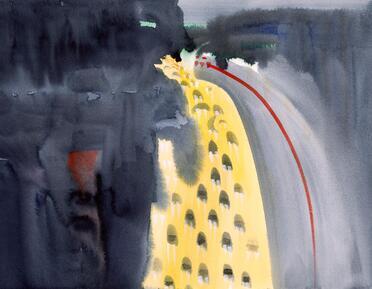 a yellow path cuts through washes of grey and dark navy paint