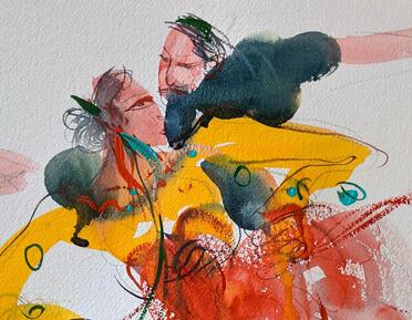 bright colourful watercolour painting of two dancers