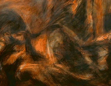 Detail of an expressive drawing in tones of orange, brown and black. A figure, with their back to the viewer, lays on their side with their head downcast.