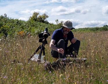 Artist paints in wildflower meadow with tripod