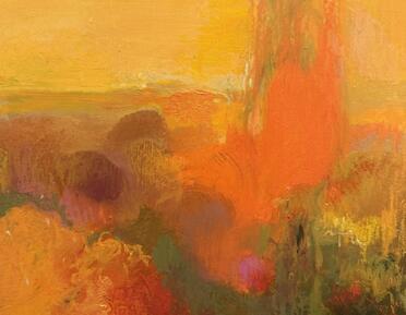 An abstract pastel drawing using warm orange and yellow tones.